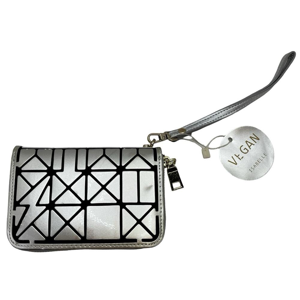 Vegan Silver Wristlet Wallet – Geometric Pattern, Gold Zip, 6”x4.5”x1.5”, Strap